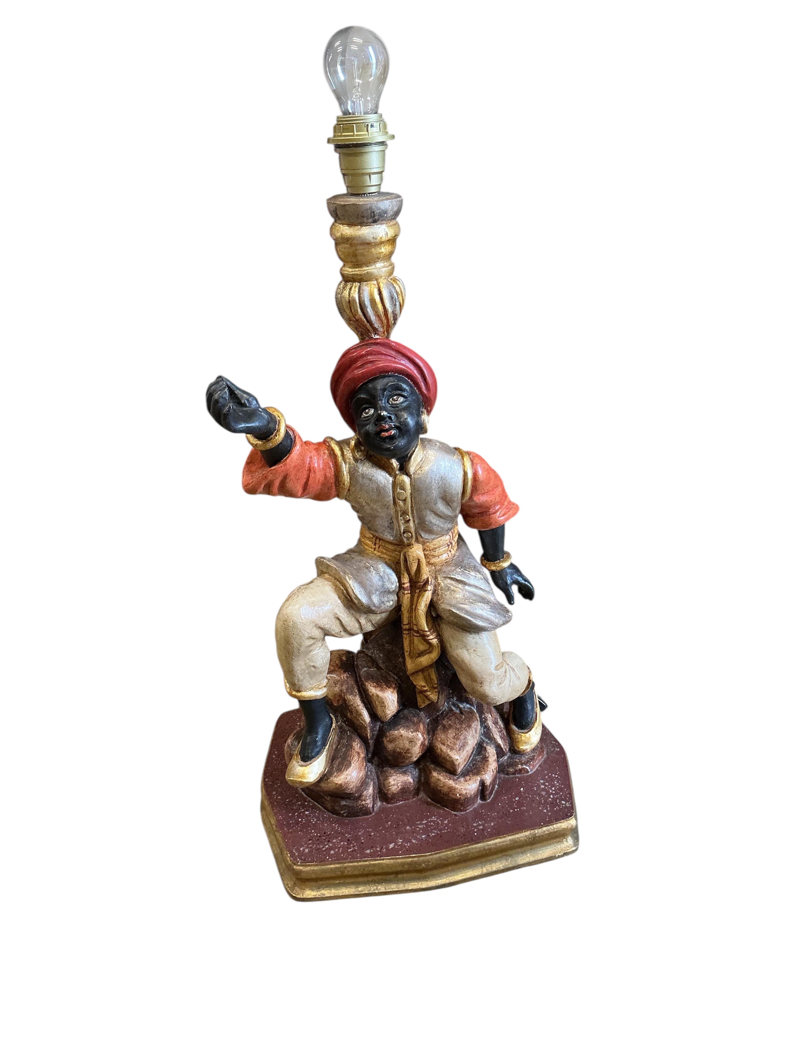 A pair of Venetian style Blackamoor table lamps, height including shades 93cm